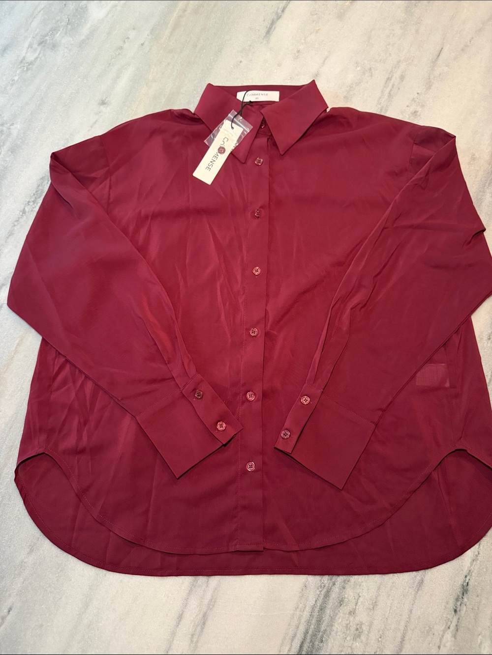 Commense Sheer Wine Red Button-Up Dress Shirt